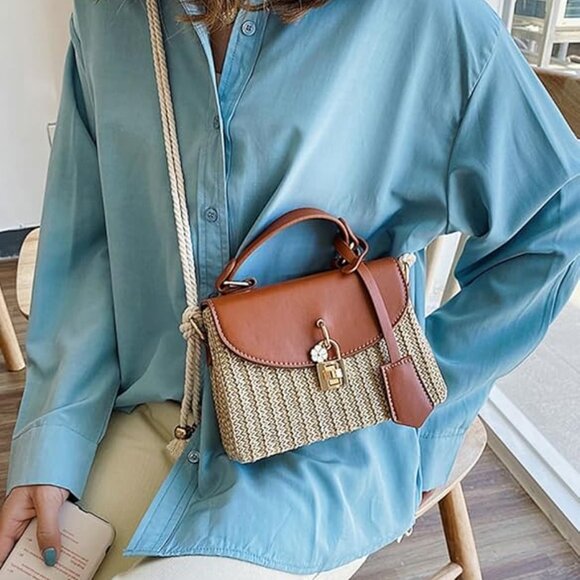 Neiman Marcus Brown Natural Woven Floral Straw Box Bag - Picture 5 of 6